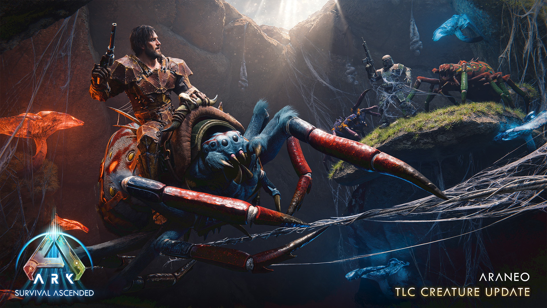  image of the Araneo attacking a T-Rex in Ark Survival Ascended